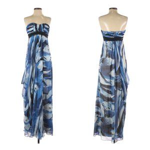 BCBGMAXAZRIA blue black watercolor ripple wave print silk strapless maxi dress